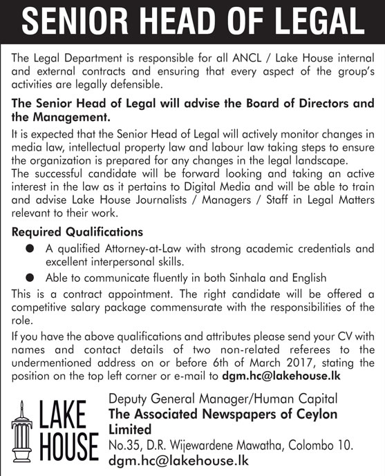 Senior Head of Legal - The Associated Newspapers of Ceylon Limited